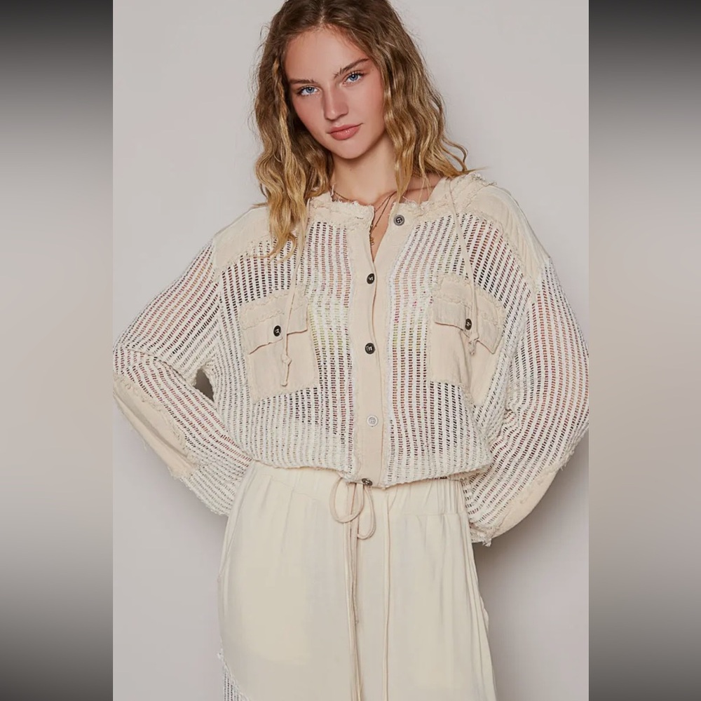 POL Cream Open-Knit Button Front Cardigan with Drawstring Hem